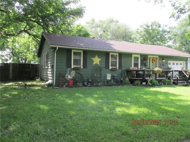 112 Spruce St, Garden City, MO 64747 - ranch-style house featuring a garage, roof with shingles, and covered porch