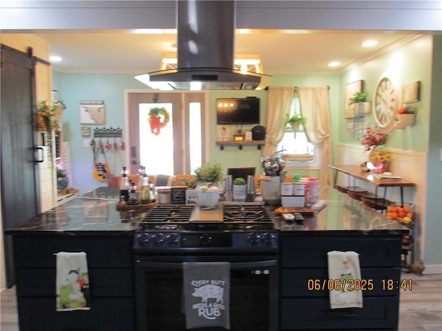 112 Spruce St, Garden City, MO 64747 - kitchen with island range hood, gas stove, ornamental molding, a barn door, and wood finished floors