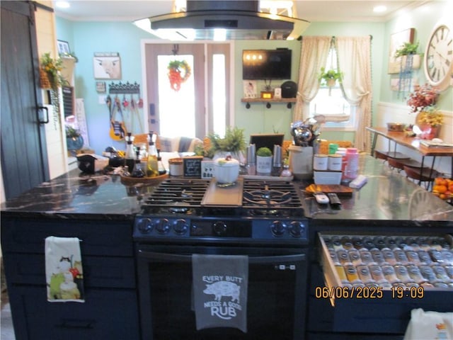 112 Spruce St, Garden City, MO 64747 - kitchen featuring black range with gas cooktop, extractor fan, ornamental molding, and dark countertops