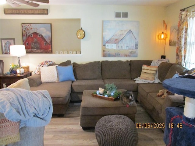 112 Spruce St, Garden City, MO 64747 - living room featuring wood finished floors and ceiling fan
