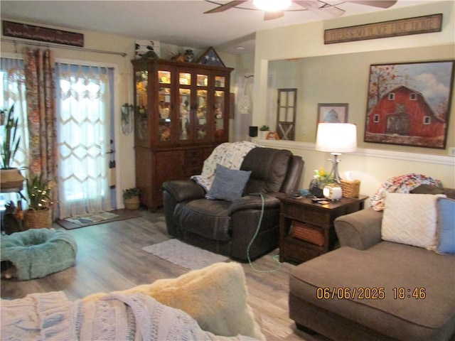 112 Spruce St, Garden City, MO 64747 - living area featuring ceiling fan and wood finished floors