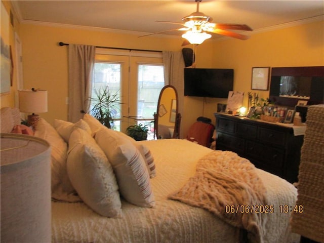 112 Spruce St, Garden City, MO 64747 - bedroom with ornamental molding, access to outside, and ceiling fan