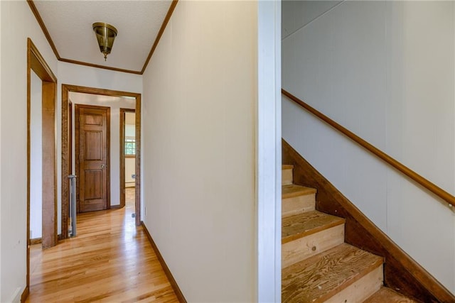 3437 Shrine Park Rd, Leavenworth, KS 66048 - hall with light wood-style flooring, ornamental molding, and stairway