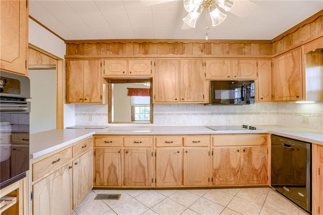 3437 Shrine Park Rd, Leavenworth, KS 66048 - kitchen with black appliances, a ceiling fan, decorative backsplash, light tile patterned floors, and light countertops
