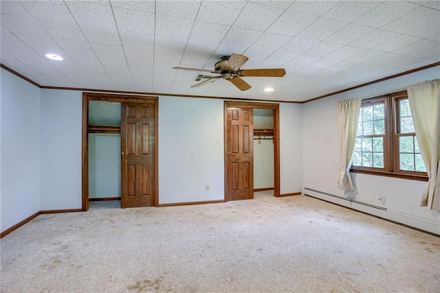 3437 Shrine Park Rd, Leavenworth, KS 66048 - unfurnished bedroom with crown molding, carpet floors, recessed lighting, a baseboard radiator, and a ceiling fan