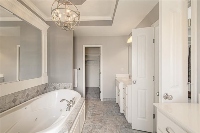 16321 Nieman Rd, Overland Park, KS 66062 - full bath with vanity, a jetted tub, ornamental molding, a chandelier, and a raised ceiling