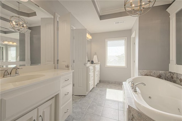 16321 Nieman Rd, Overland Park, KS 66062 - bathroom featuring a raised ceiling, a chandelier, crown molding, vanity, and a jetted tub