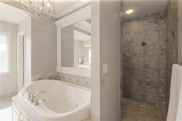 16321 Nieman Rd, Overland Park, KS 66062 - full bathroom with a walk in shower, a whirlpool tub, a chandelier, and ornamental molding