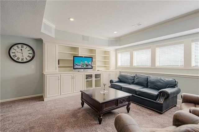 16321 Nieman Rd, Overland Park, KS 66062 - living area with a textured ceiling, crown molding, light colored carpet, and recessed lighting