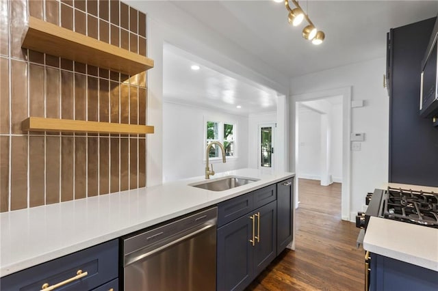 17 E 65th Ter, Kansas City, MO 64113 - kitchen featuring open shelves, dishwasher, light countertops, dark wood-style floors, and blue cabinetry