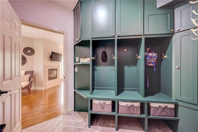 14911 Outlook Ln, Overland Park, KS 66223 - mudroom with light wood-type flooring and a glass covered fireplace
