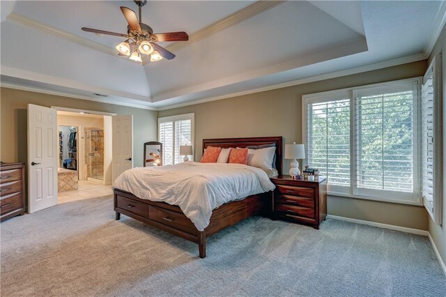 14911 Outlook Ln, Overland Park, KS 66223 - carpeted bedroom with a raised ceiling, ornamental molding, and a ceiling fan