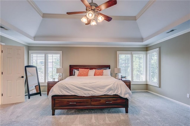 14911 Outlook Ln, Overland Park, KS 66223 - carpeted bedroom with a tray ceiling, crown molding, and a ceiling fan