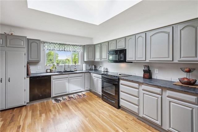 19109 Quinn Rd, Trimble, MO 64492 - kitchen with black appliances, a sink, gray cabinets, and dark countertops