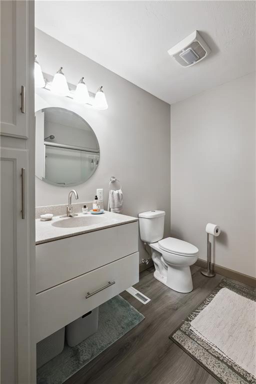19109 Quinn Rd, Trimble, MO 64492 - bathroom with toilet, vanity, wood finished floors, baseboards, and a shower