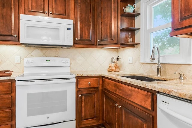1310 N Leeview Cir, Olathe, KS 66061 - kitchen featuring white appliances, open shelves, tasteful backsplash, and light stone countertops