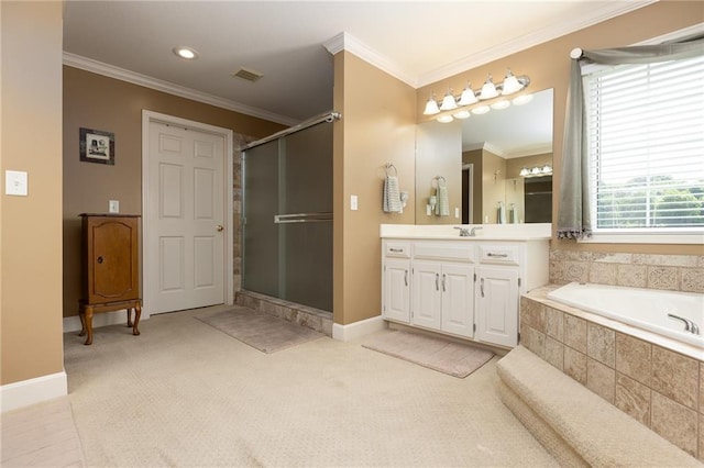 6501 N National Dr, Parkville, MO 64152 - full bathroom featuring vanity, a stall shower, a bath, crown molding, and baseboards