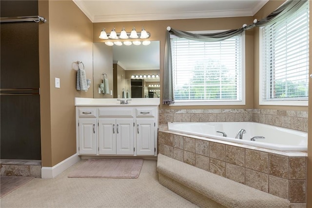 6501 N National Dr, Parkville, MO 64152 - bathroom with ornamental molding, vanity, and a garden tub