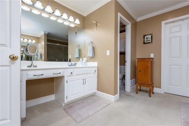 6501 N National Dr, Parkville, MO 64152 - bathroom with vanity, a stall shower, toilet, baseboards, and crown molding