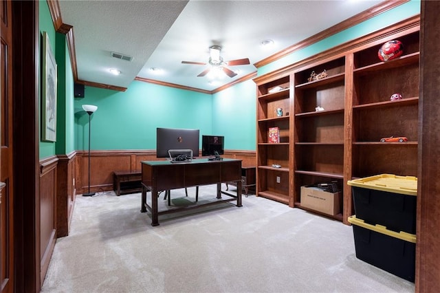 6501 N National Dr, Parkville, MO 64152 - office area featuring ceiling fan, wainscoting, ornamental molding, and carpet floors