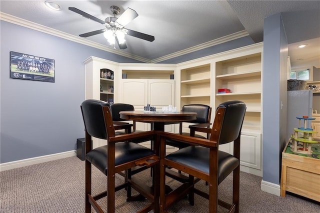 6501 N National Dr, Parkville, MO 64152 - dining space featuring carpet flooring, a ceiling fan, baseboards, ornamental molding, and recessed lighting