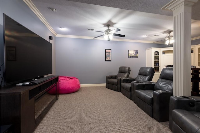 6501 N National Dr, Parkville, MO 64152 - carpeted cinema featuring ornate columns, ceiling fan, crown molding, baseboards, and recessed lighting