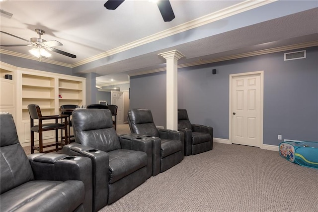 6501 N National Dr, Parkville, MO 64152 - home theater room with ceiling fan, ornamental molding, carpet flooring, baseboards, and decorative columns