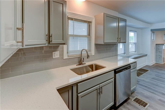 6117 Harrison St, Kansas City, MO 64110 - kitchen with stainless steel dishwasher, a sink, light countertops, and backsplash