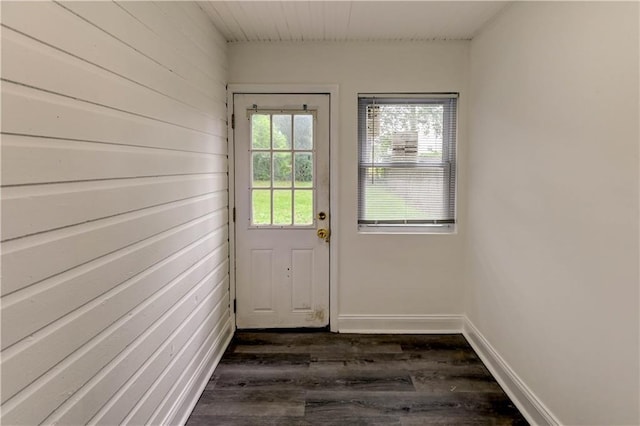 6117 Harrison St, Kansas City, MO 64110 - entryway featuring dark wood-style floors, baseboards, and wooden walls