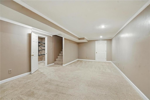 14876 S Summit St, Olathe, KS 66062 - finished basement featuring ornamental molding, stairway, carpet floors, and recessed lighting