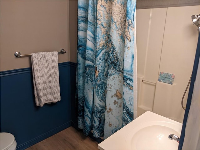 203 W 4th St, Holden, MO 64040 - full bath with wood finished floors, curtained shower, a wainscoted wall, toilet, and vanity
