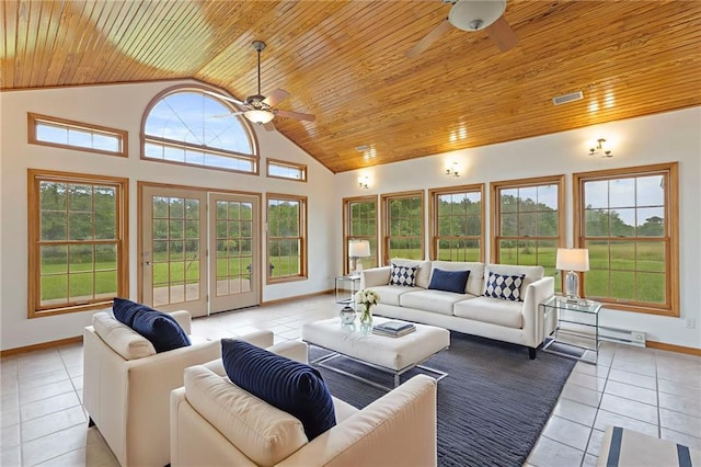 25549 Chieftain Rd, Lawrence, KS 66044 - living area featuring wooden ceiling, ceiling fan, light tile patterned floors, baseboards, and high vaulted ceiling