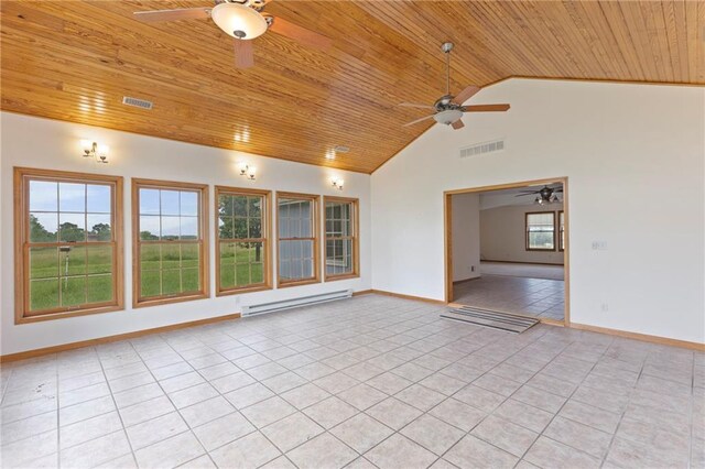 25549 Chieftain Rd, Lawrence, KS 66044 - spare room with a ceiling fan, wood ceiling, baseboard heating, light tile patterned floors, and baseboards