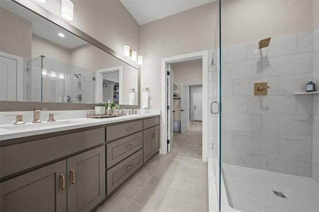 8215 Aurora St, Lenexa, KS 66220 - full bath with a spacious closet, a shower stall, double vanity, and tile patterned floors
