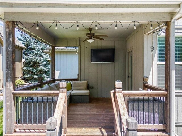 9154 Shady Bend Rd, Lenexa, KS 66227 - wooden deck featuring a ceiling fan