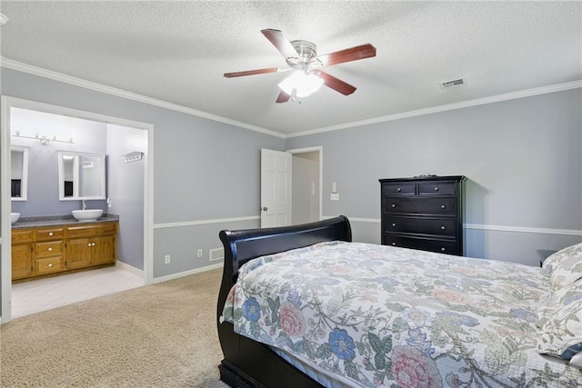 11409 Riley St, Overland Park, KS 66210 - bedroom with light carpet, crown molding, a textured ceiling, ceiling fan, and connected bathroom