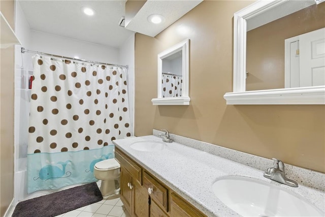 11409 Riley St, Overland Park, KS 66210 - full bath featuring double vanity, shower / bath combination with curtain, and tile patterned flooring