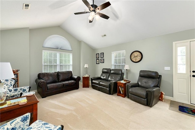 7226 Meadow View St, Shawnee, KS 66227 - carpeted living area with lofted ceiling, ceiling fan, and baseboards