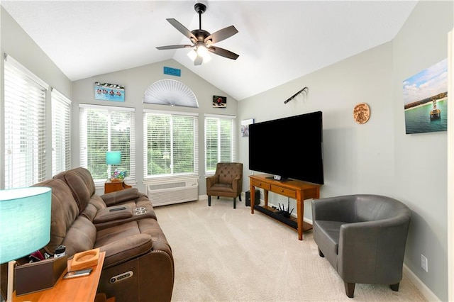 7226 Meadow View St, Shawnee, KS 66227 - living room with light carpet, a ceiling fan, lofted ceiling, baseboards, and a wall mounted air conditioner