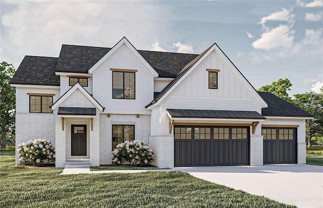 25428 W 91st Ter, Lenexa, KS 66227 - modern farmhouse style home featuring concrete driveway, brick siding, a front yard, and board and batten siding