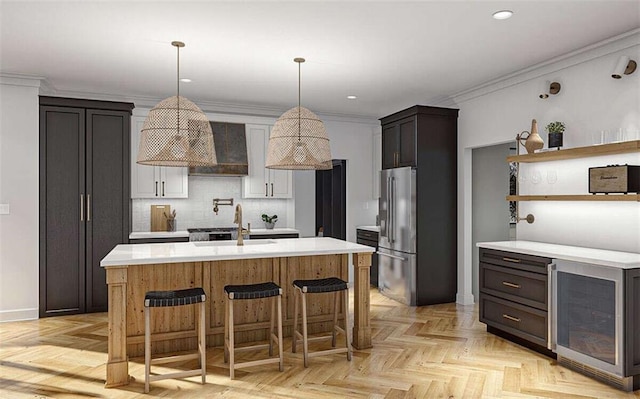 25428 W 91st Ter, Lenexa, KS 66227 - kitchen with stainless steel fridge with ice dispenser, wine cooler, light countertops, a kitchen island with sink, and backsplash