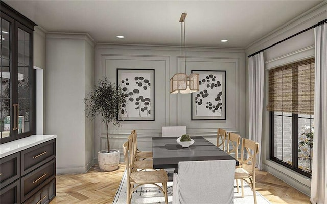 25428 W 91st Ter, Lenexa, KS 66227 - dining space with ornamental molding, recessed lighting, and a decorative wall