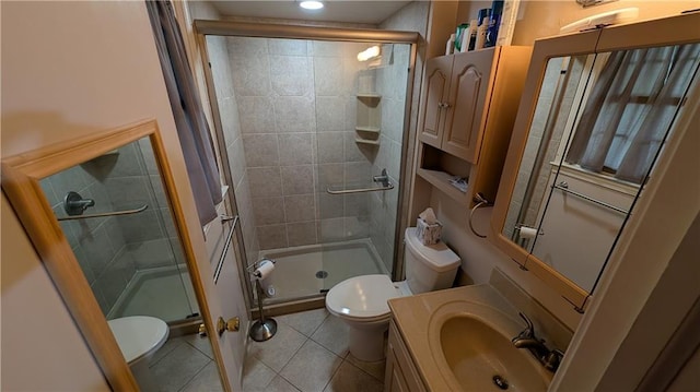 2006 Colonial Dr, Pittsburg, KS 66762 - full bathroom featuring toilet, a shower stall, tile patterned floors, vanity, and recessed lighting