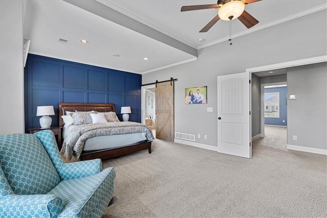 17746 W 165th Pl, Olathe, KS 66062 - bedroom with a barn door, ornamental molding, carpet, a decorative wall, and recessed lighting