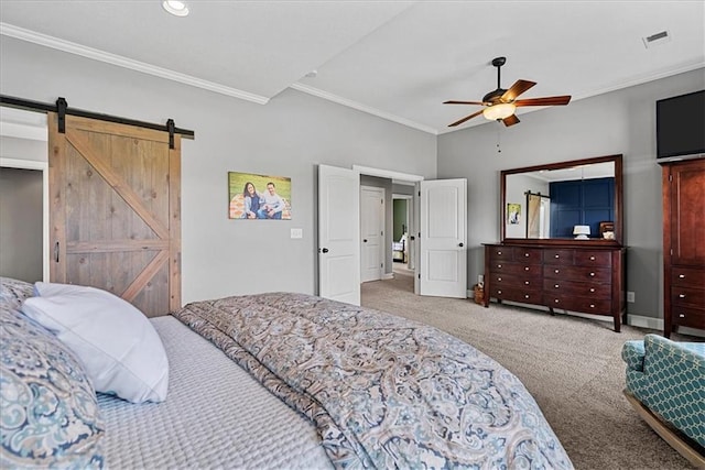17746 W 165th Pl, Olathe, KS 66062 - bedroom with carpet flooring, ornamental molding, ceiling fan, and a barn door