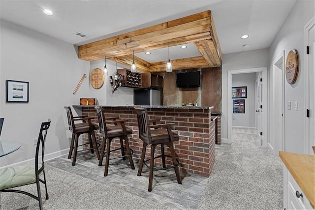 17746 W 165th Pl, Olathe, KS 66062 - indoor dry bar with freestanding refrigerator, light carpet, recessed lighting, and pendant lighting