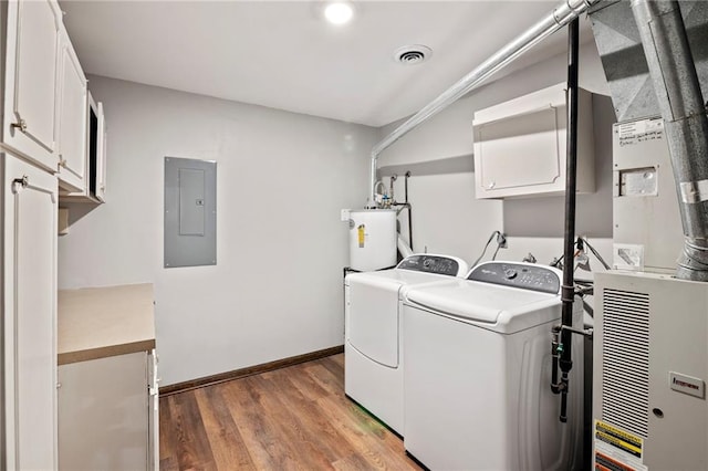 2207 N 154th Ter, Basehor, KS 66007 - washroom featuring electric panel, cabinet space, washing machine and dryer, water heater, and light wood finished floors