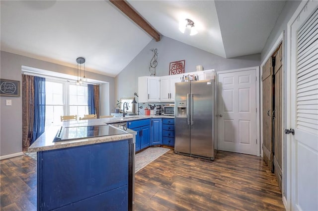5603 Cody St, Shawnee, KS 66203 - kitchen featuring stainless steel refrigerator with ice dispenser, blue cabinets, a peninsula, and dark wood-style floors