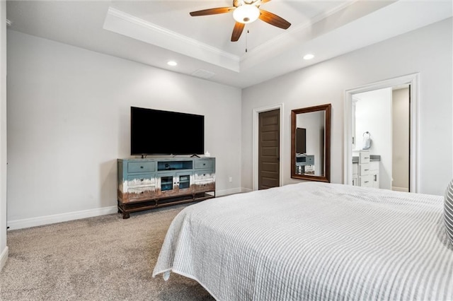 1402 NW Red Oak Ct, Grain Valley, MO 64029 - carpeted bedroom featuring a tray ceiling, ornamental molding, recessed lighting, and ceiling fan