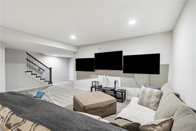 1402 NW Red Oak Ct, Grain Valley, MO 64029 - living room featuring carpet flooring, stairway, and recessed lighting
